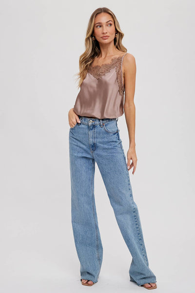 Silky Lace Trim Camisole - MUSHROOM
