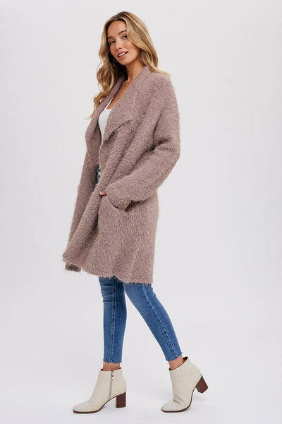 Soft Fuzzy Drape Front Cardigan - MUSHROOM
