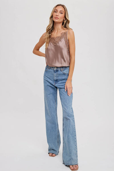 Silky Lace Trim Camisole - MUSHROOM