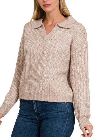 Melange Collared V-Neck Basic Sweater - ASH MOCHA