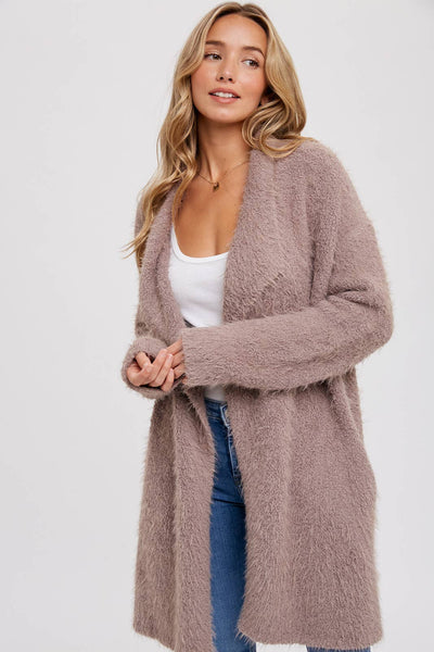 Soft Fuzzy Drape Front Cardigan - MUSHROOM