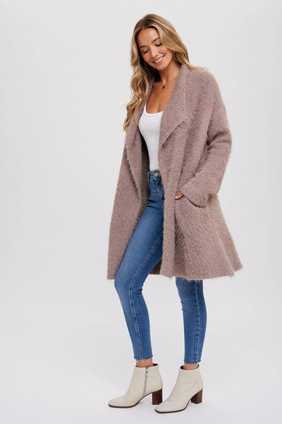 Soft Fuzzy Drape Front Cardigan - MUSHROOM