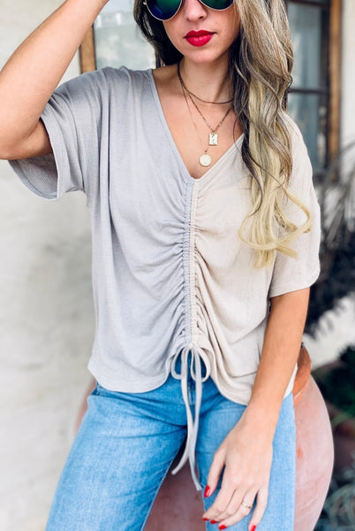Cinched Front Shirred Color Block Short Sleeve Knit Top