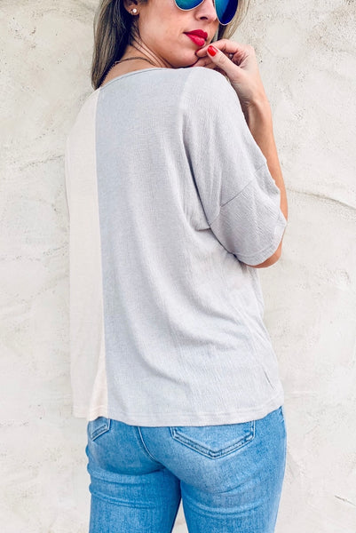 Cinched Front Shirred Color Block Short Sleeve Knit Top