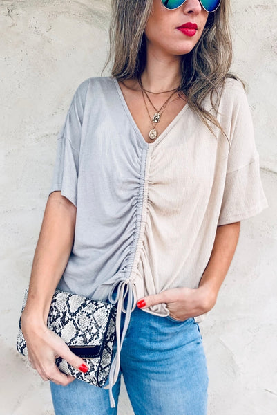 Cinched Front Shirred Color Block Short Sleeve Knit Top