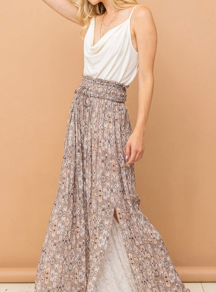 Grey Aztec Print Side Slit Smocked Waist Pants