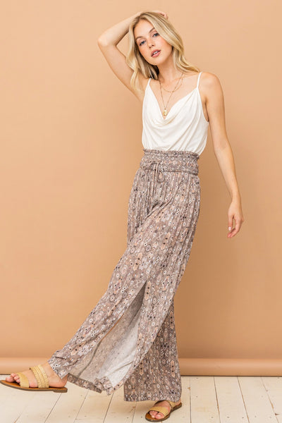 Grey Aztec Print Side Slit Smocked Waist Pants