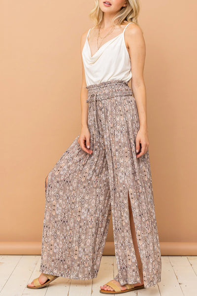 Grey Aztec Print Side Slit Smocked Waist Pants