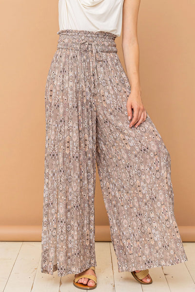Grey Aztec Print Side Slit Smocked Waist Pants