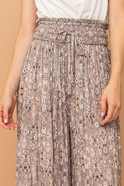 Grey Aztec Print Side Slit Smocked Waist Pants
