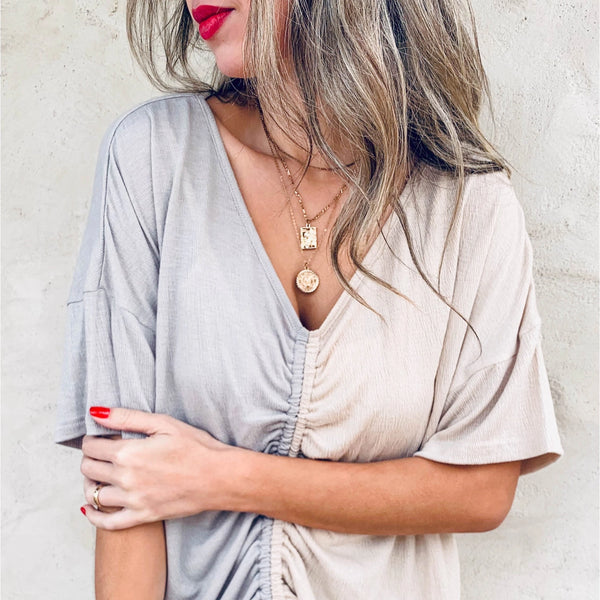 Cinched Front Shirred Color Block Short Sleeve Knit Top