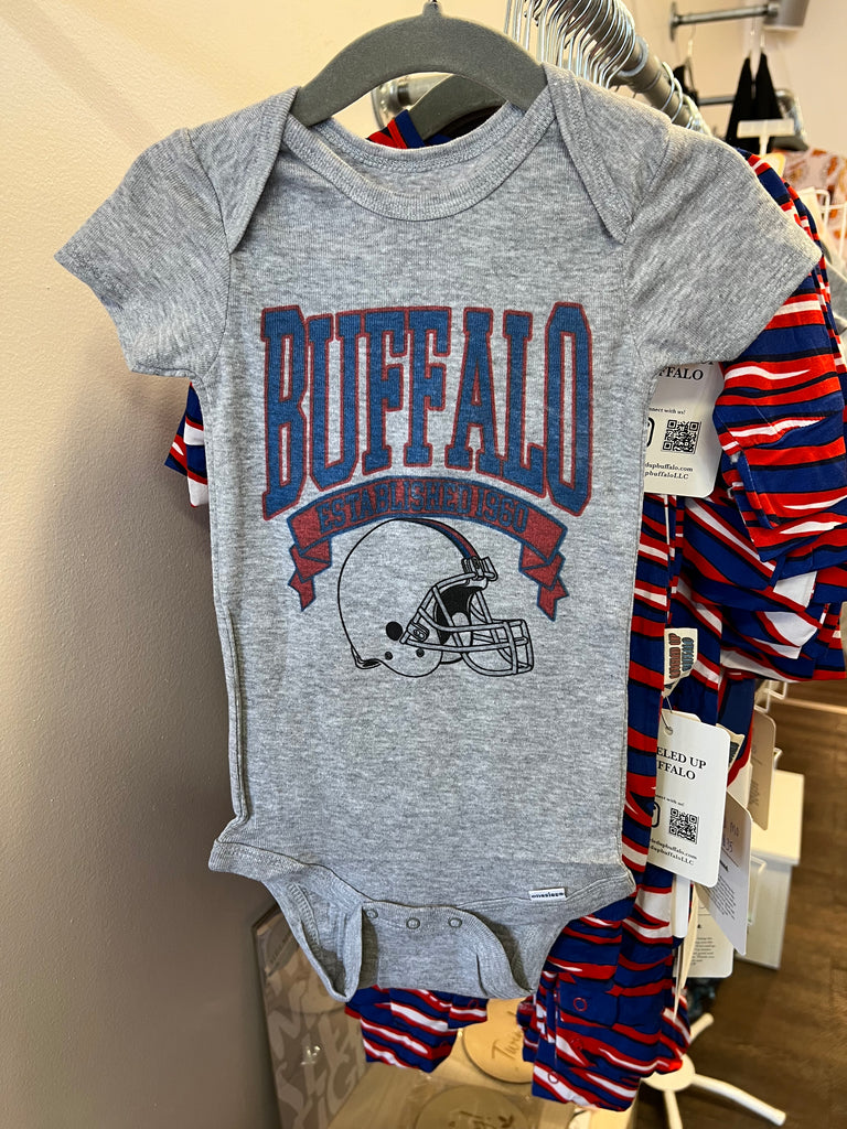 Vintage Buffalo Football Grey Short Sleeve Baby Onesie by Leveled Up Buffalo