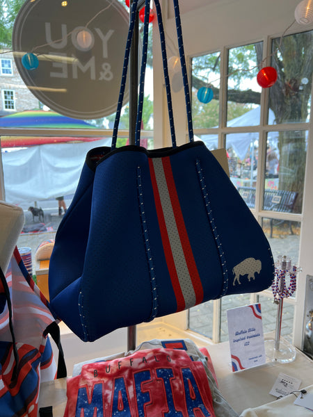 Buffalo Blue Red Stripe Neoprene Tote Bag by Leveled Up Buffalo