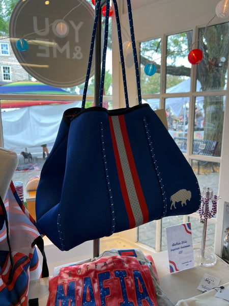 Buffalo Blue Red Stripe Neoprene Tote Bag by Leveled Up Buffalo