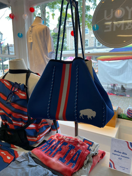 Buffalo Blue Red Stripe Neoprene Tote Bag by Leveled Up Buffalo