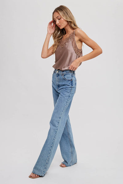 Silky Lace Trim Camisole - MUSHROOM