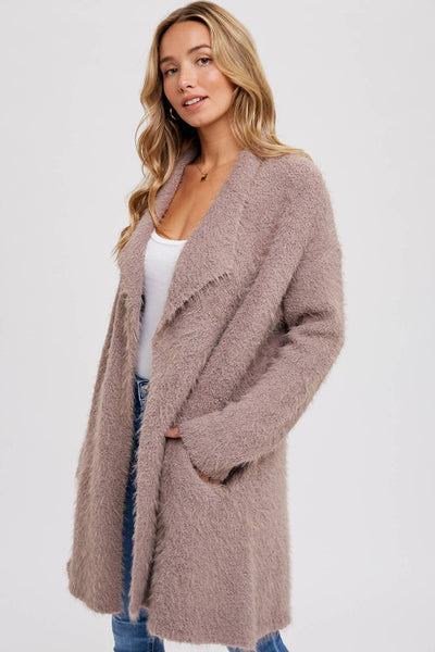 Soft Fuzzy Drape Front Cardigan - MUSHROOM