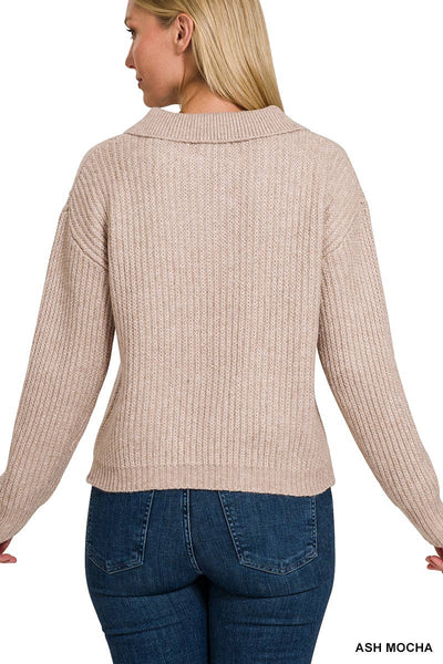 Melange Collared V-Neck Basic Sweater - ASH MOCHA