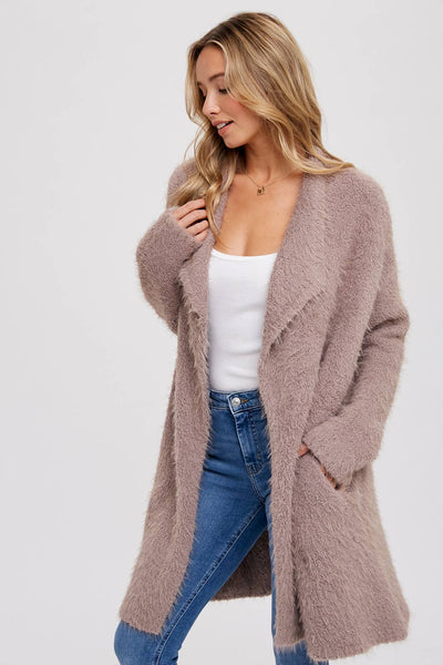 Soft Fuzzy Drape Front Cardigan - MUSHROOM