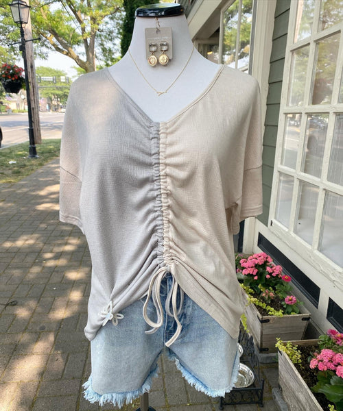 Cinched Front Shirred Color Block Short Sleeve Knit Top