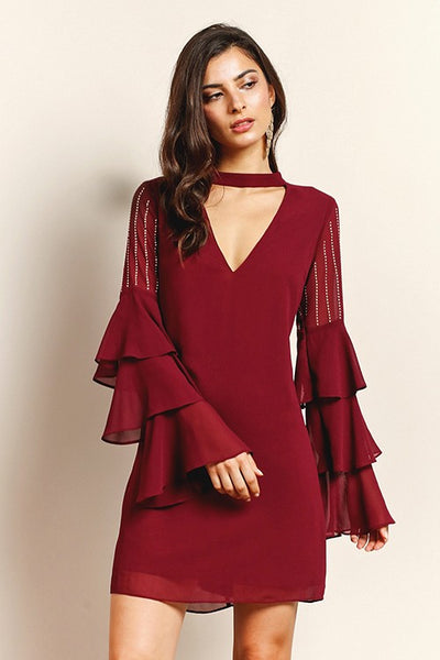 Get On Your Feet Ruffle Sleeve Deep Berry Dress
