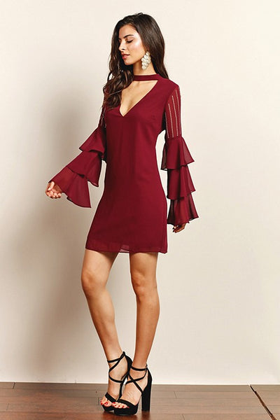Get On Your Feet Ruffle Sleeve Deep Berry Dress